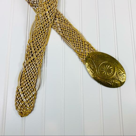 Vintage Gold Leather Wide Woven Belt Gold Buckle M/L - Picture 3 of 6